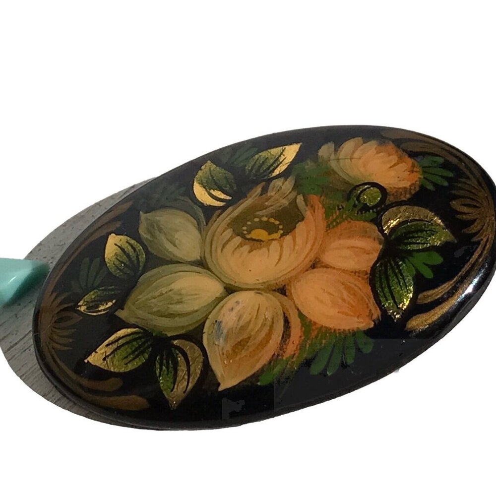 Vtg Hand Painted Russian Lacquerware Black Wood Floral Gold Brooch Pin Signed